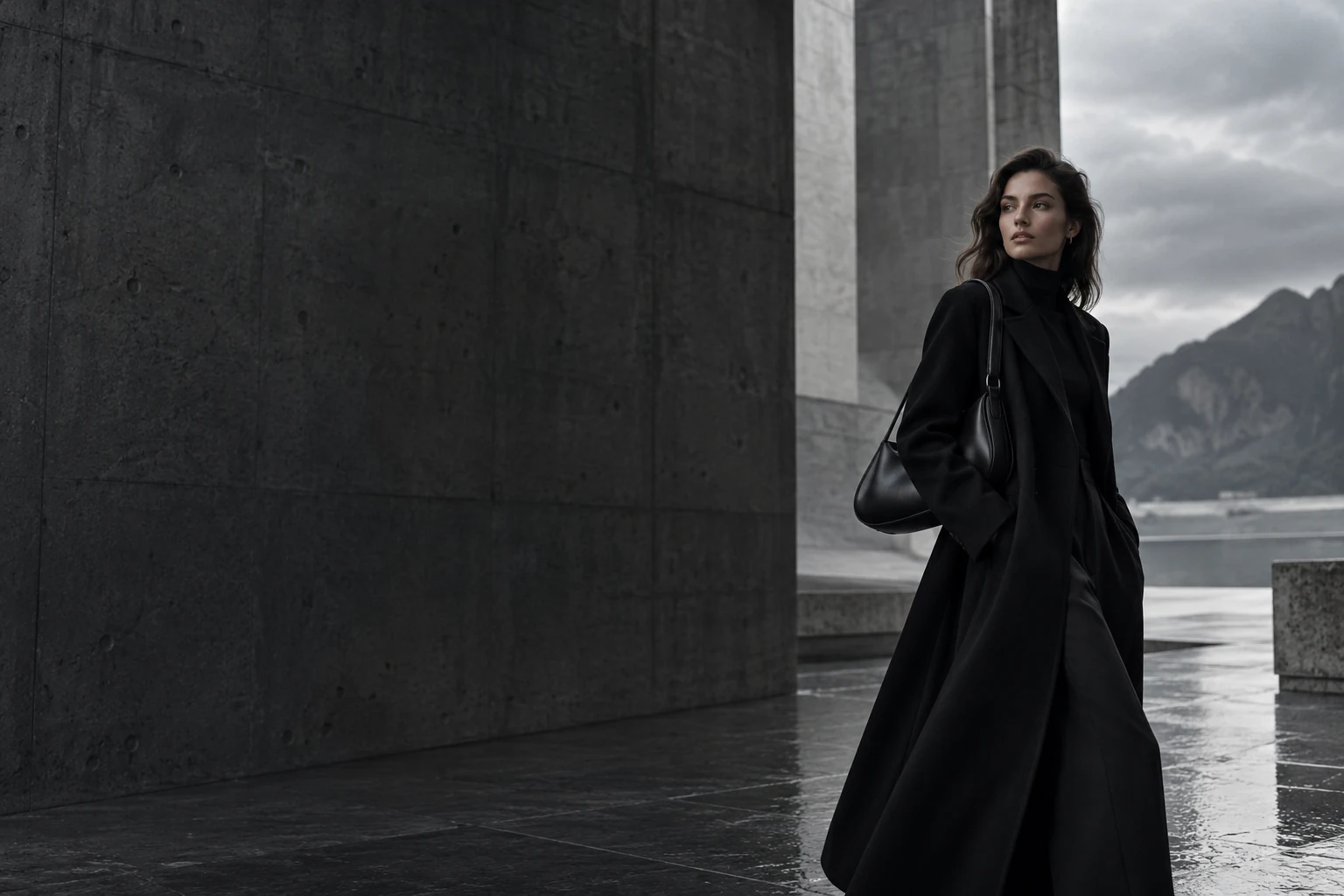 Fashion editorial with sculptural black tailoring and a shoulder bag
